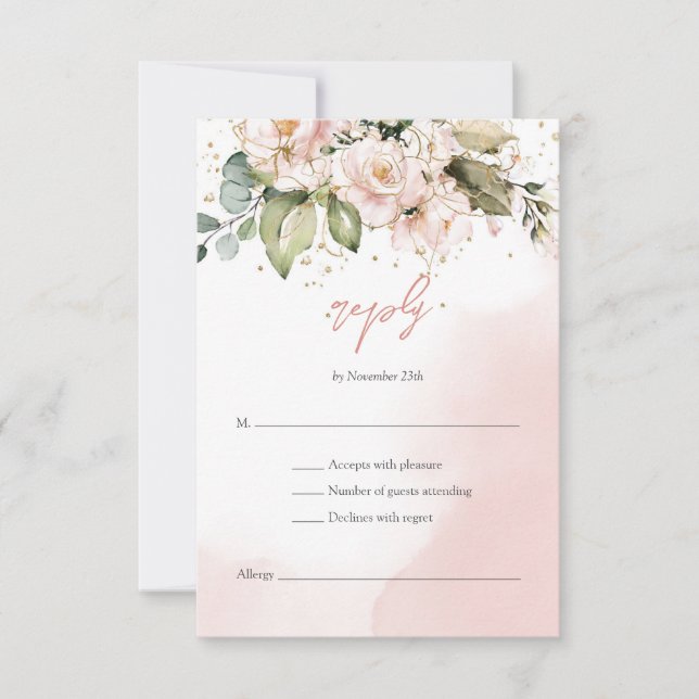 Modern Boho blush pink floral gold frame RSVP (Front)