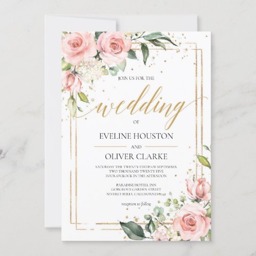 Modern Boho blush pink floral gold frame wedding Invitation
