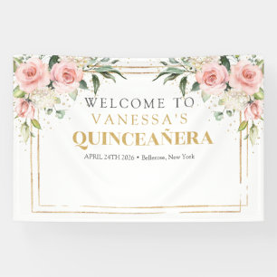 Modern Boho blush pink floral gold Quinceañera Banner