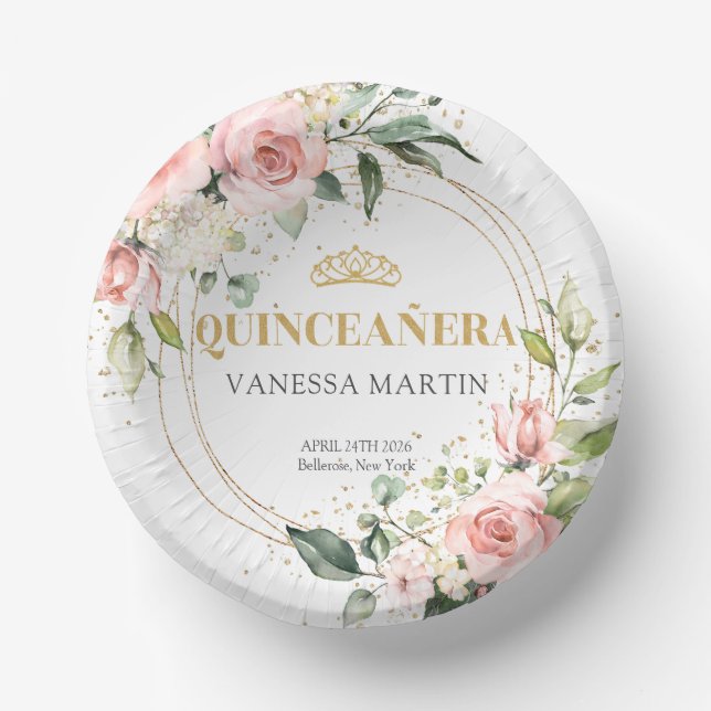 Modern Boho blush pink floral gold Quinceañera Paper Bowls (Front)
