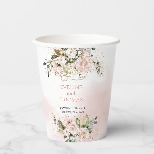 Modern Boho blush pink floral gold sparkle wedding Paper Cups