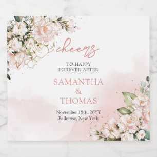 Modern Boho blush pink floral gold sparkles Liquor Bottle Label