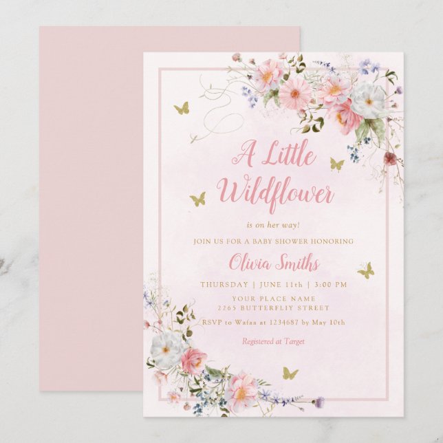 Modern Boho Blush Pink Wildflower Girl Baby Shower Invitation (Front/Back)