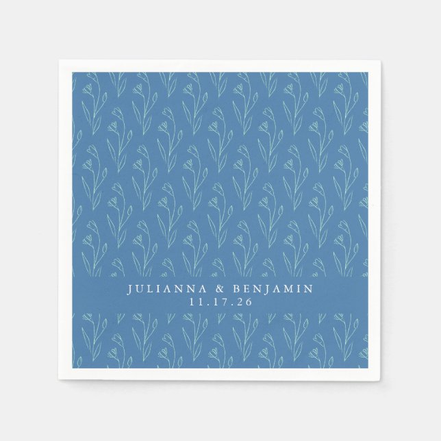 Modern Boho Botanical Blue Custom Names Wedding Napkins (Front)