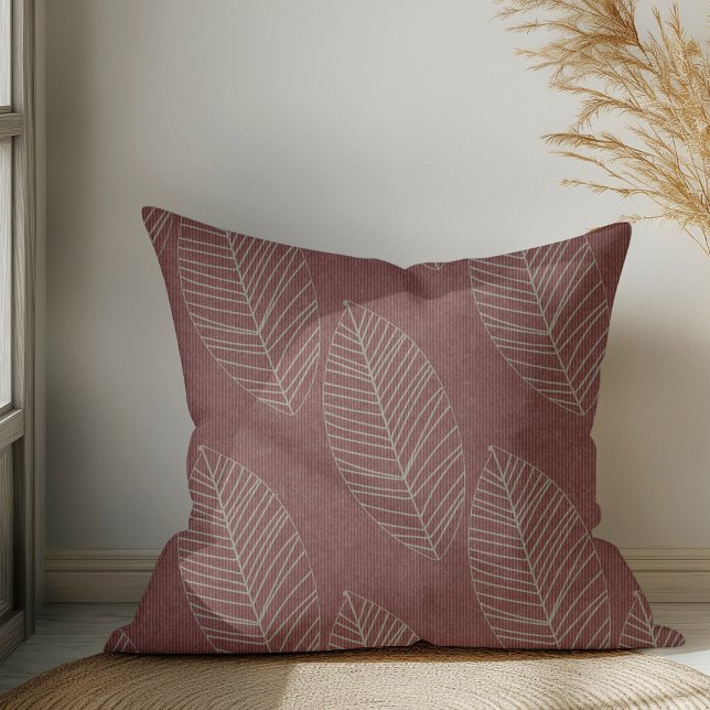 Modern Boho Botanical Leaves On Deep Red Fabric  Throw Pillow (Creator Uploaded)