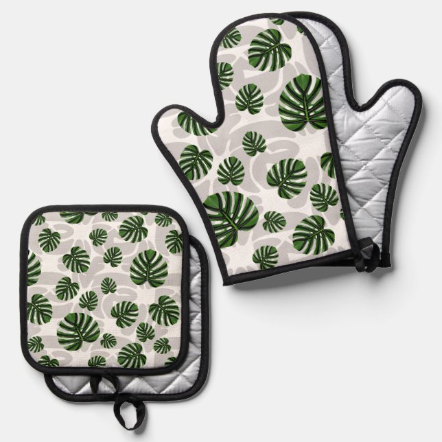 Modern Boho Botanical Leaves Pattern Oven Mitt & Pot Holder Set (Front/Back)