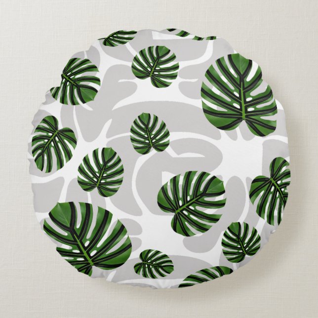 Modern Boho Botanical Leaves Pattern Round Pillow (Front)