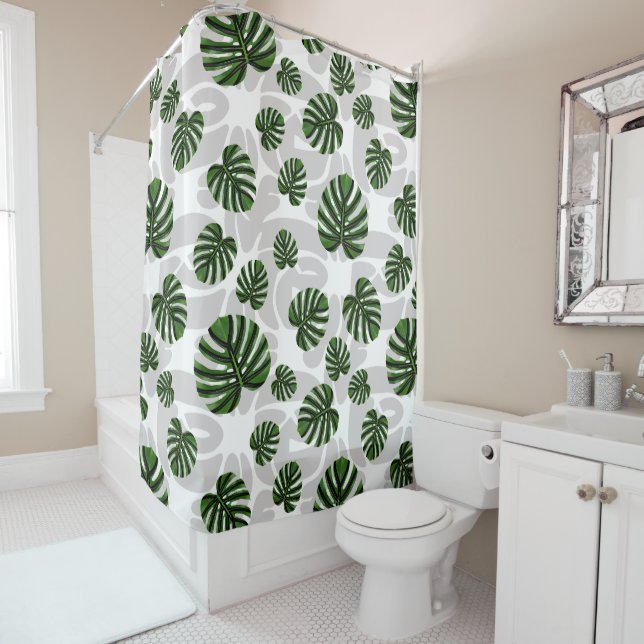 Modern Boho Botanical Leaves Pattern Shower Curtain (In Situ)