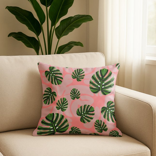 Modern Boho Botanical Leaves Pattern Throw Pillow (Modern Boho Botanical Leaves - Coral Throw Pillow)