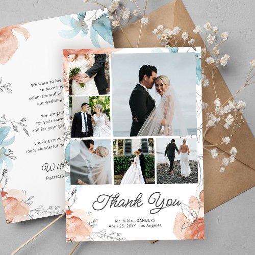 Modern boho botanical multi photo collage wedding thank you card