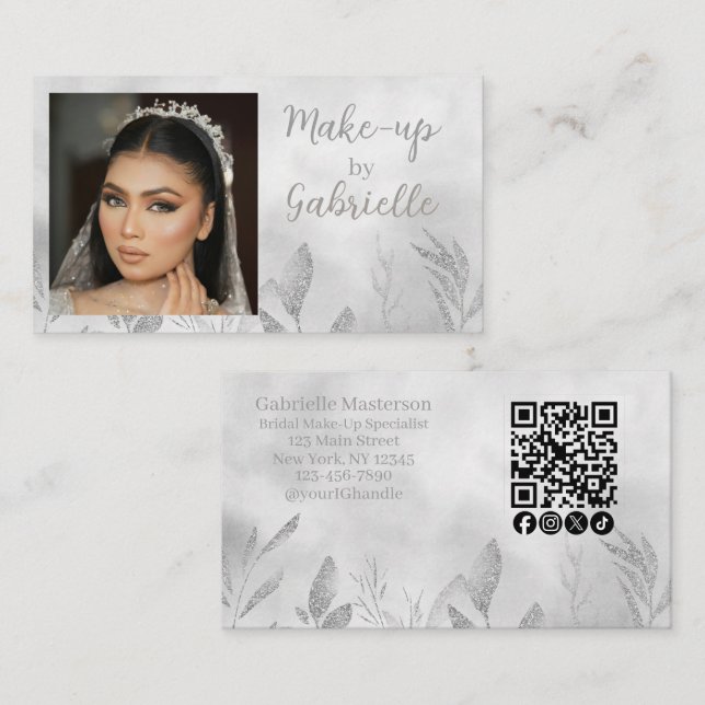 Modern Boho Botanical Photo Script QR Code Business Card (Front/Back)