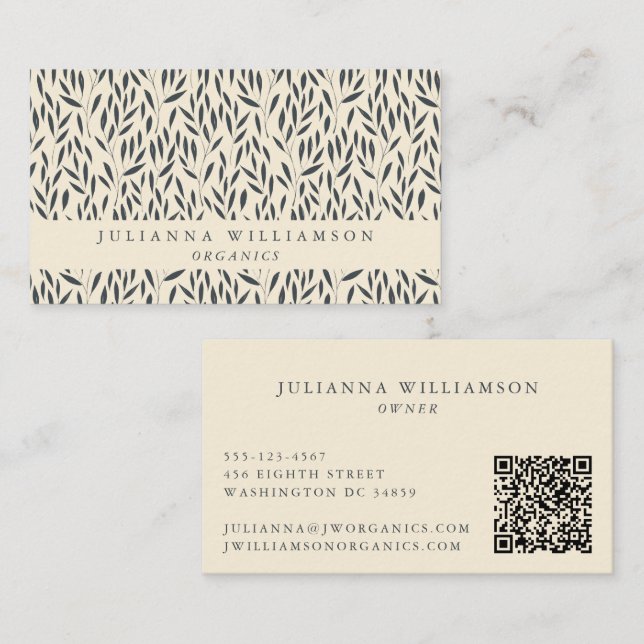 Modern Boho Botanical Vintage Black White QR Business Card (Front/Back)