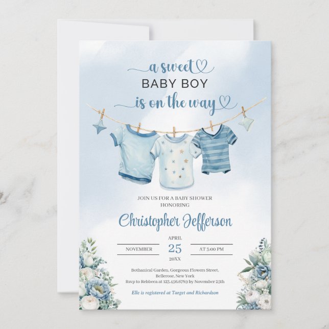 Modern Boho Boy Baby Shower Nursery Clothes Invitation (Front)
