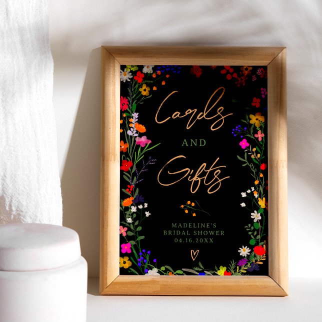 Modern boho bright wild flowers bridal sign (Modern boho bright wild flowers bridal sign on black)