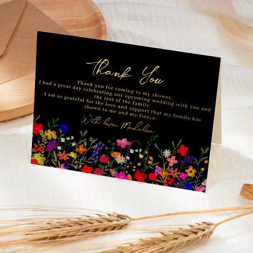 Modern boho bright wild flowers bridal thank you foil greeting card