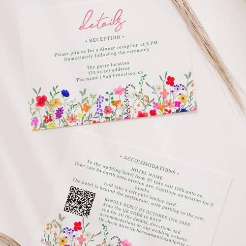Modern boho bright wild flowers wedding details invitation