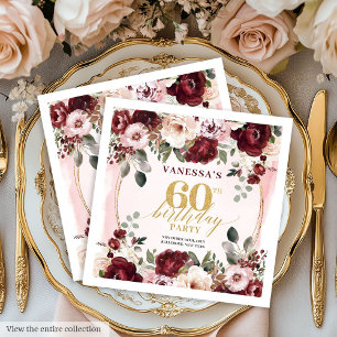 Modern Boho Burgundy Floral 60 Birthday Napkins