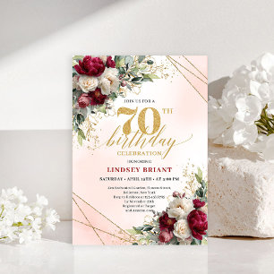 Modern Boho Burgundy Floral 70 Years Young Invite