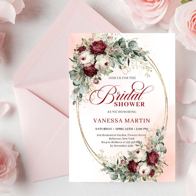 Modern Boho Burgundy Gold Eucalyptus Bridal Shower Invitation (Modern Burgundy Gold Eucalyptus Bridal Shower Invite)