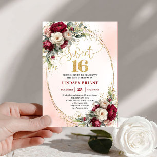 Modern Boho Burgundy Gold Floral 16th Birthday   Invitation