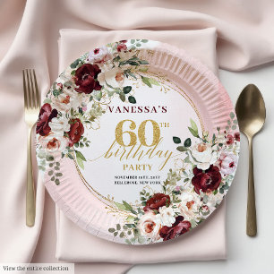 Modern Boho Burgundy Gold Floral 60th Birthday Paper Plates