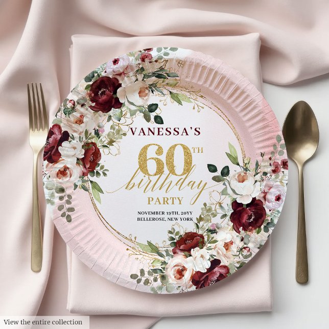 Modern Boho Burgundy Gold Floral 60th Birthday  Paper Plates (Modern Boho Burgundy Gold Floral 60th Birthday Plates)