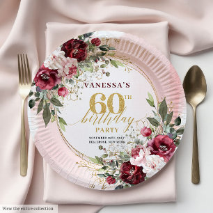 Modern Boho Burgundy Greenery Gold 60th Birthday Paper Plates