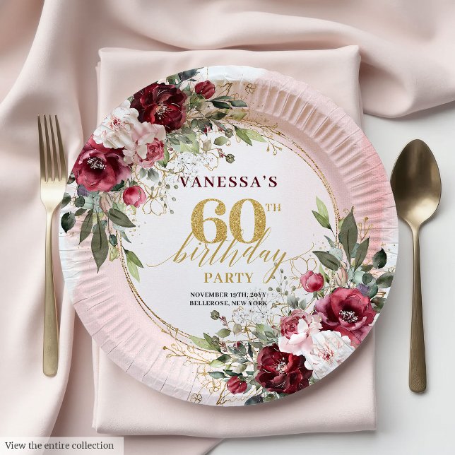 Modern Boho Burgundy Greenery Gold 60th Birthday  Paper Plates (Modern Boho Burgundy Greenery Gold 60th Birthday Plates)