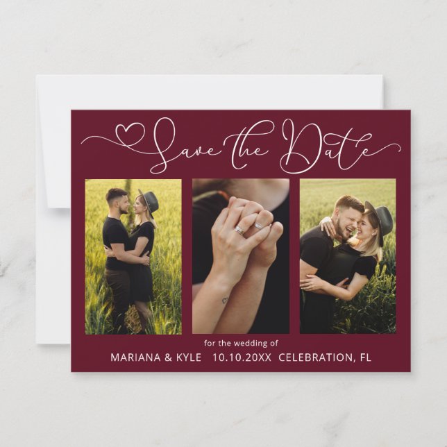 Modern Boho Burgundy Photos Wedding Save the Date (Front)