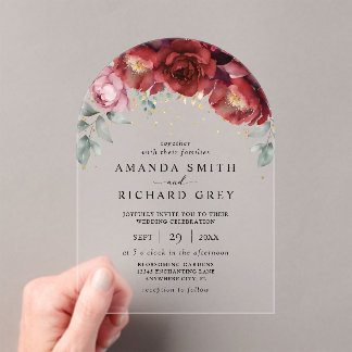 Modern Boho Burgundy Red and Gold Floral Wedding Acrylic Invitations
