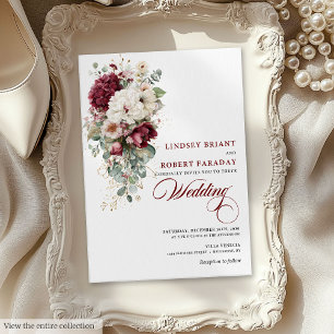 Modern Boho Burgundy White Rose Wedding Invitation
