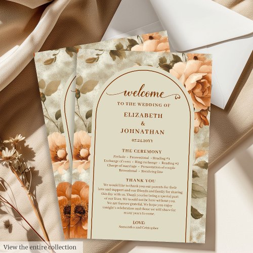 Modern Boho Burnt Orange Beige Sage Wedding Day Program