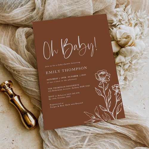 Modern Boho Burnt Orange Terracotta Baby Shower Invitation