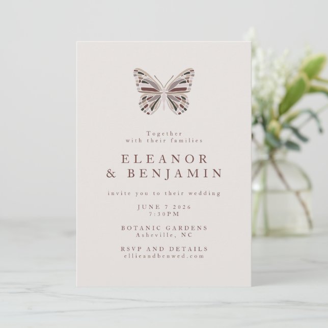 Modern Boho Butterfly Burgundy Taupe Wedding  Invitation (Standing Front)