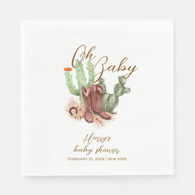 Modern Boho Cactus Cowboy Shoes Baby Shower  Napkins (Front)
