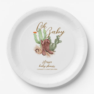 Modern Boho Cactus Cowboy Shoes Baby Shower Paper Plates