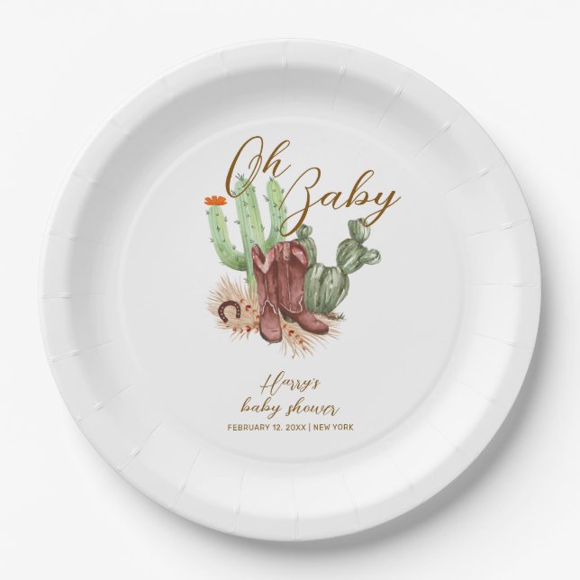 Modern Boho Cactus Cowboy Shoes Baby Shower  Paper Plates (Front)