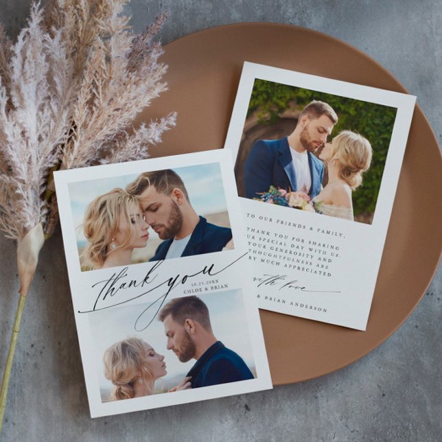 Modern Boho Calligraphy 3 Photo Wedding  Thank You Card (Creator Uploaded)