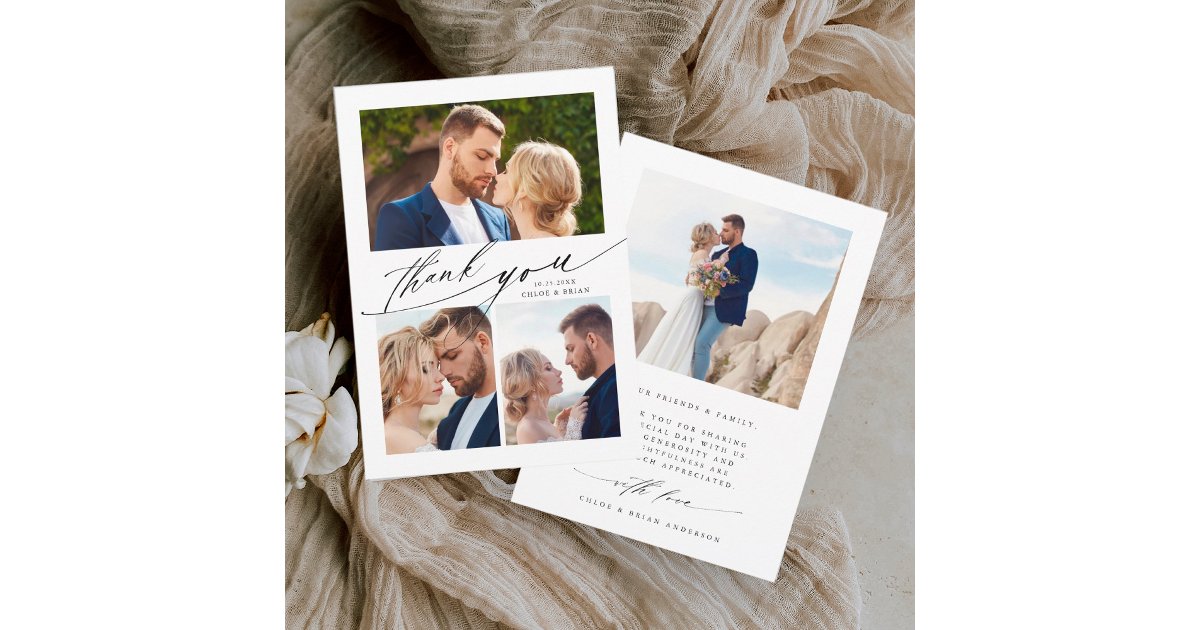 Modern Boho Calligraphy 4 Photo Wedding Thank You Card | Zazzle