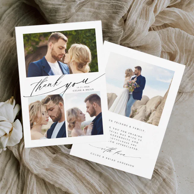 Modern Boho Calligraphy 4 Photo Wedding Thank You Card 