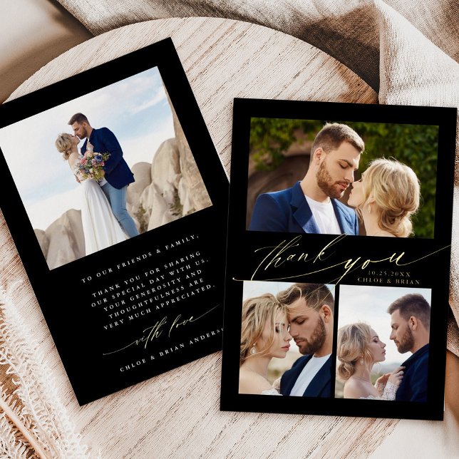 Modern Boho Calligraphy 4 Photo Wedding Thank You Foil Invitation (Front & Back)