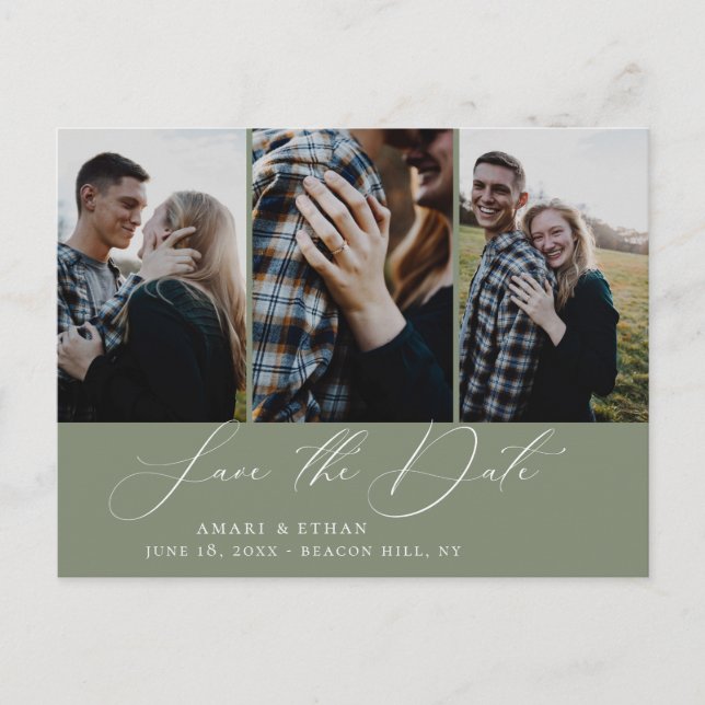 Modern Boho Calligraphy Multi-Photo Save the Date Announcement Postcard (Front)