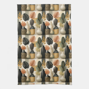 Modern Boho Ceramic Vases and Botanical Leaves Kitchen Towel