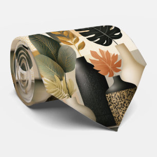 Modern Boho Ceramic Vases and Botanical Leaves Neck Tie