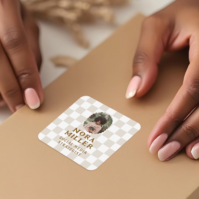 Modern Boho Checkered Pattern Photo Business Square Sticker (Modern Boho Checkered Pattern Photo Business Square Sticker)