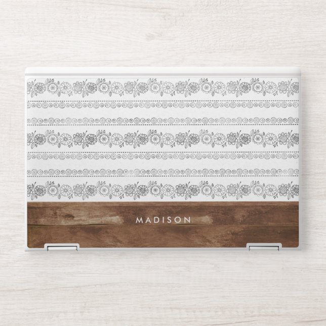 Modern Boho Chic Floral Bohemian Rustic Wood White HP Laptop Skin (Front)