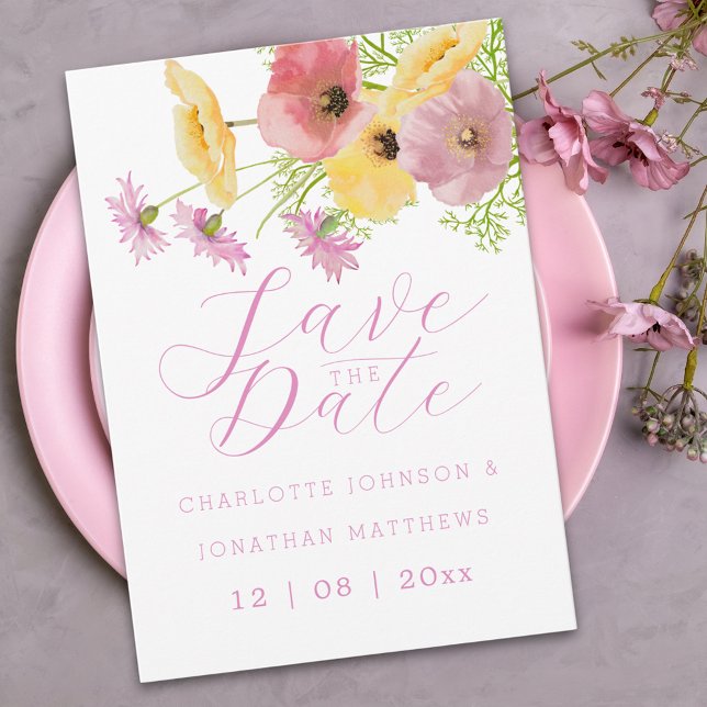 Modern Boho Chic Floral Pink Wedding Save The Date (Elegant wildflower watercolor pink yellow floral wedding save the date invitation)