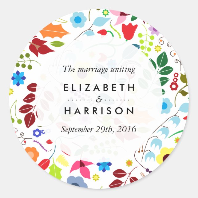 Modern Boho Chic Floral Wedding Classic Round Sticker (Front)