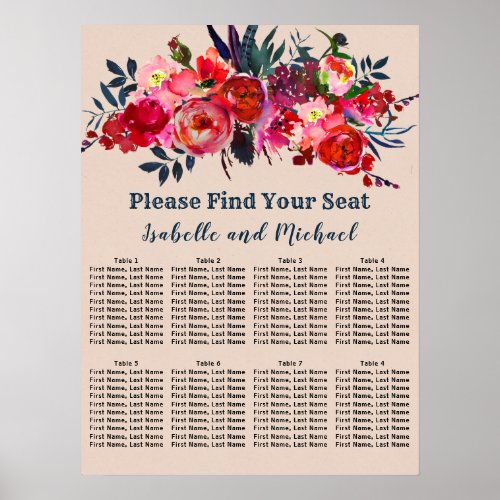 Modern Boho Chic Red Floral 8_Table Seating Chart