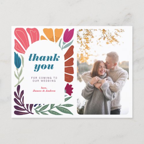 Modern Boho Chic Retro Colorful Floral Thank You Announcement Postcard